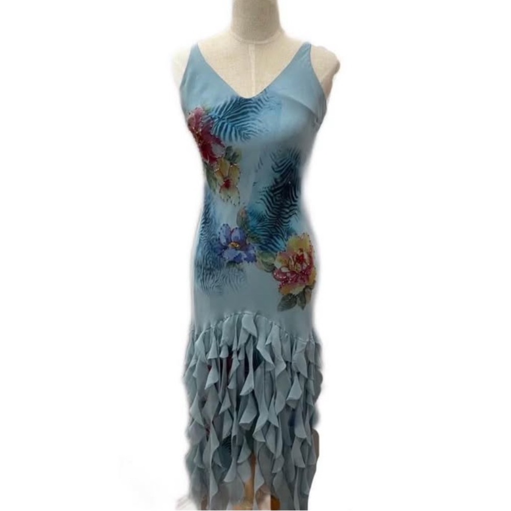 Floral Blue Party or Dance Sleeveless Dress Sz M Vintage